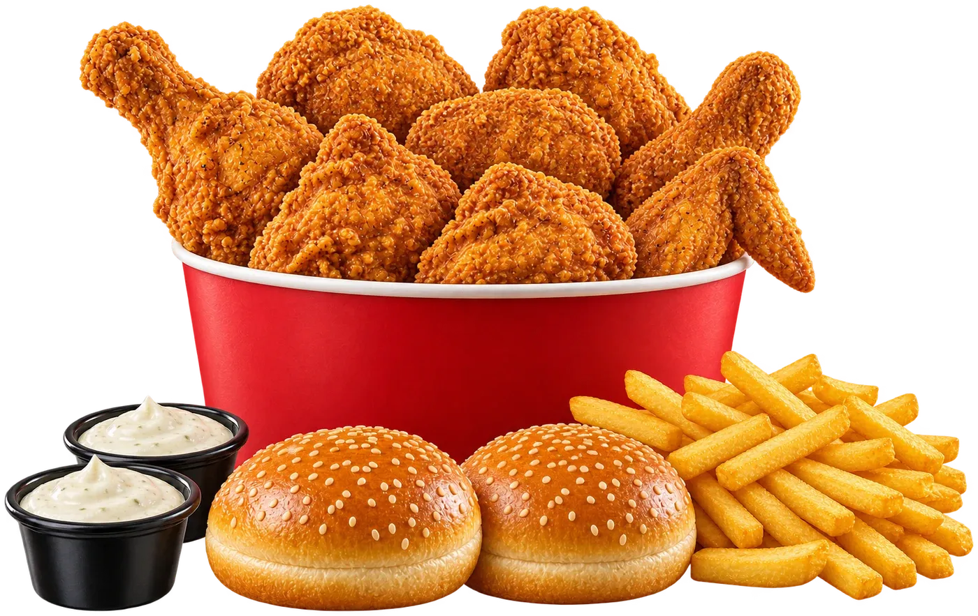 Full Al-Baik broast: eight pieces of crispy golden chicken in a red bucket with two dips, two buns and fries