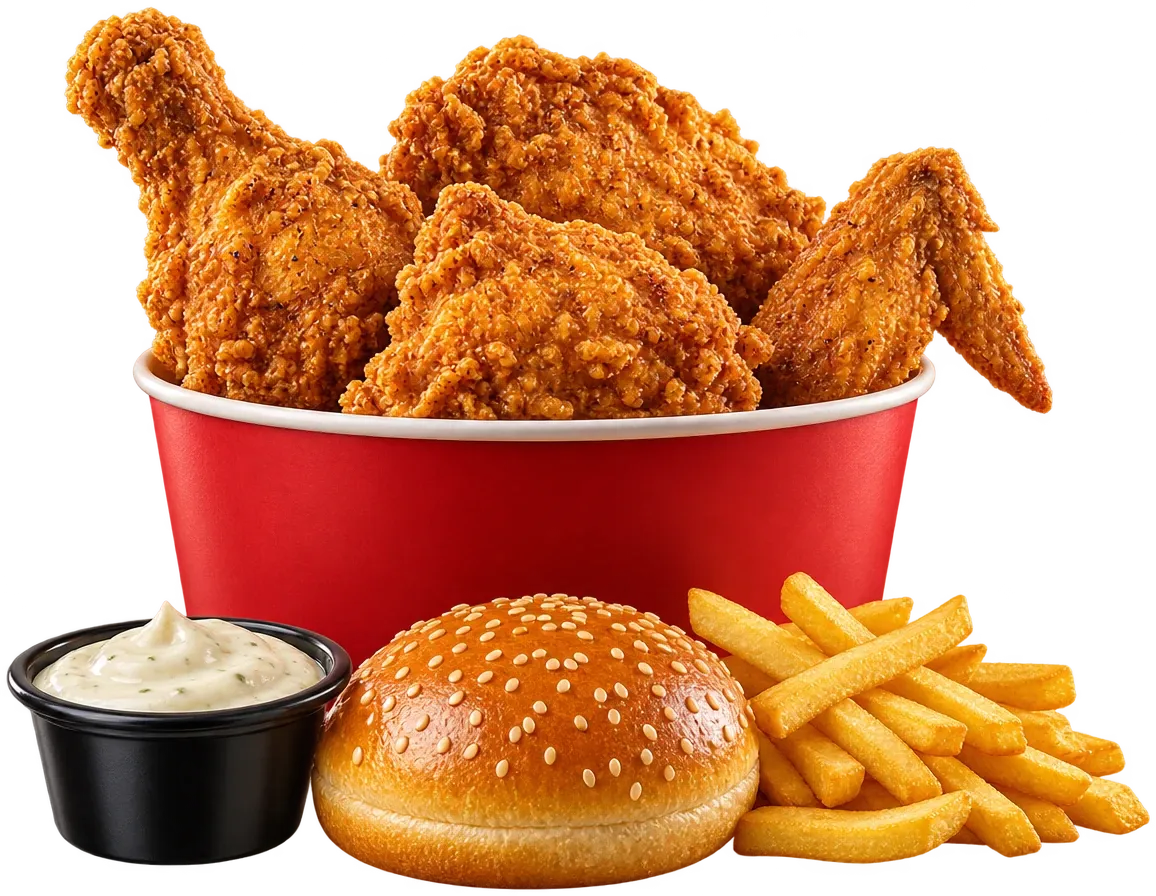 Half Al-Baik broast: four pieces of crispy golden chicken in a red bucket with dip, bun and fries