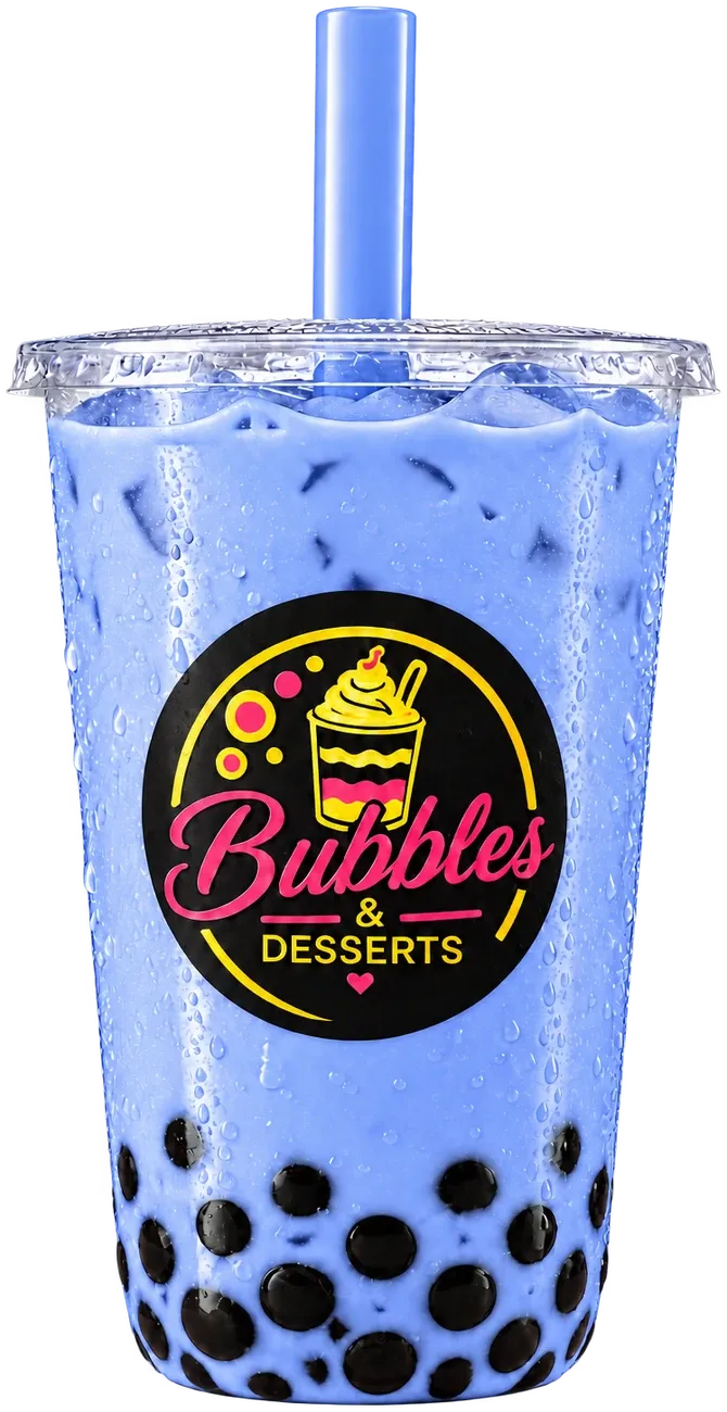 Blueberry bubble tea in a periwinkle-blue cup with tapioca pearls