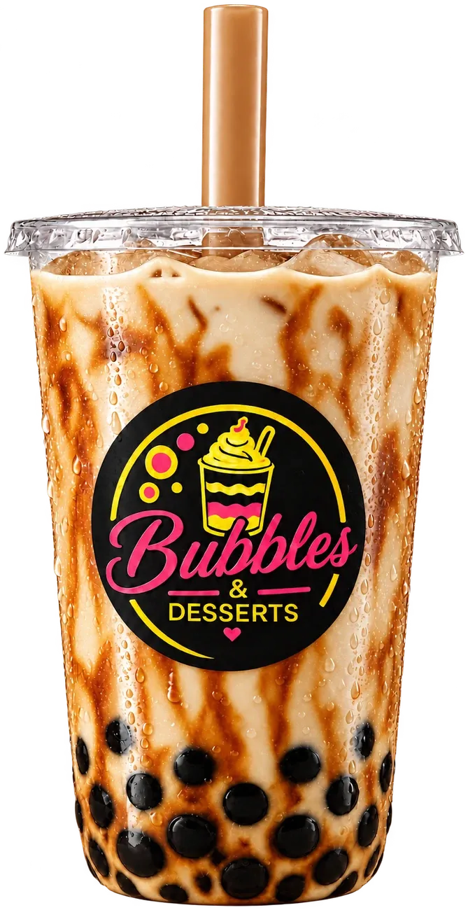 Brown sugar milk tea with caramel tiger stripes and tapioca pearls