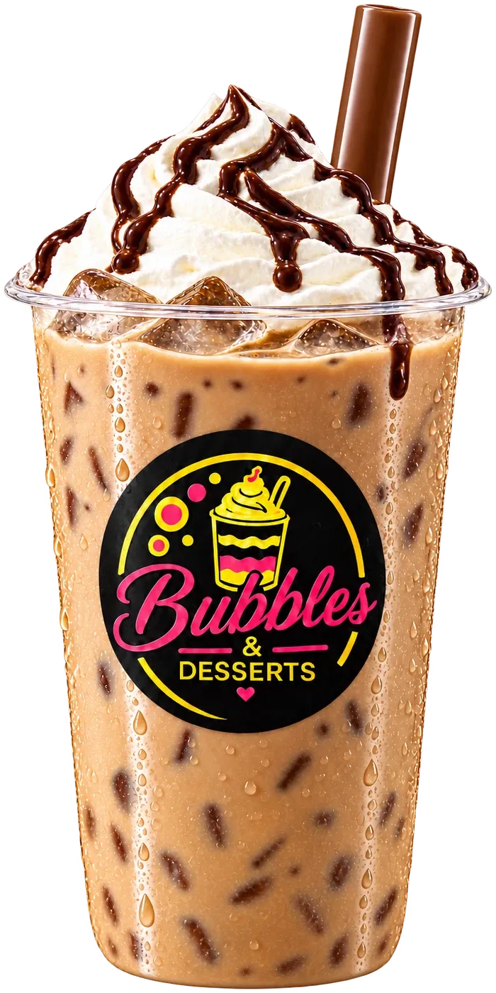 Iced cold coffee with whipped cream and chocolate drizzle