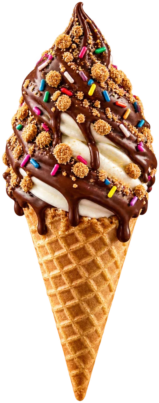 Waffle cone dipped in chocolate with sprinkles and biscuit crumbs