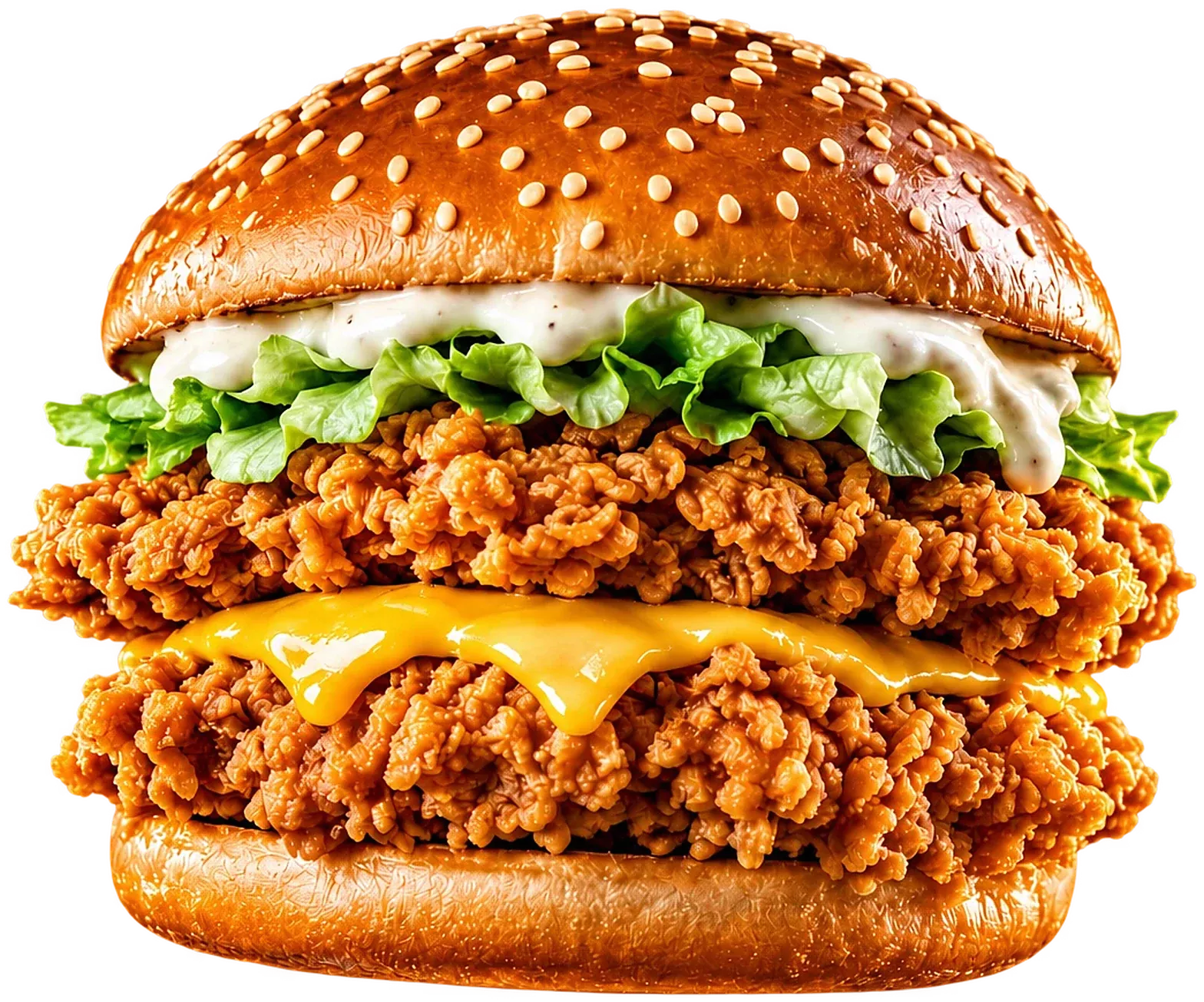 Close view of the Double Zinger: two craggy fillets, melted cheddar, lettuce, garlic mayo and a toasted sesame bun