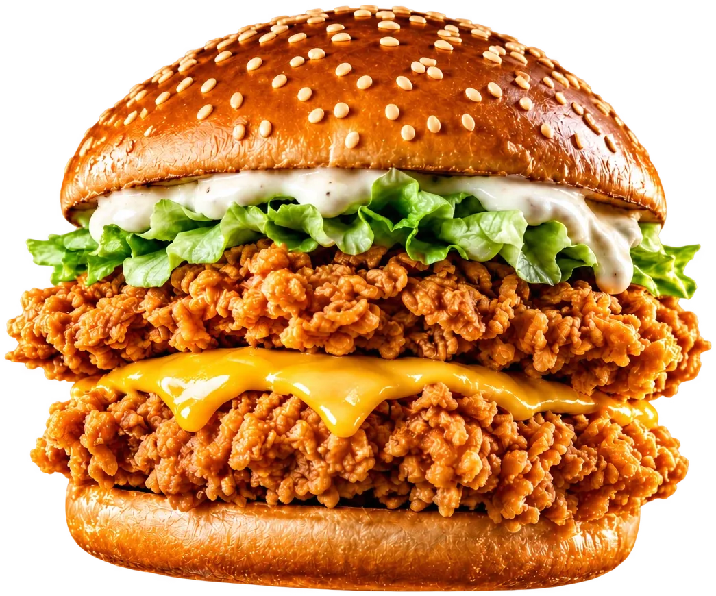 Double Zinger burger: two craggy golden fried chicken fillets with melted cheddar, lettuce and garlic sauce in a toasted sesame bun