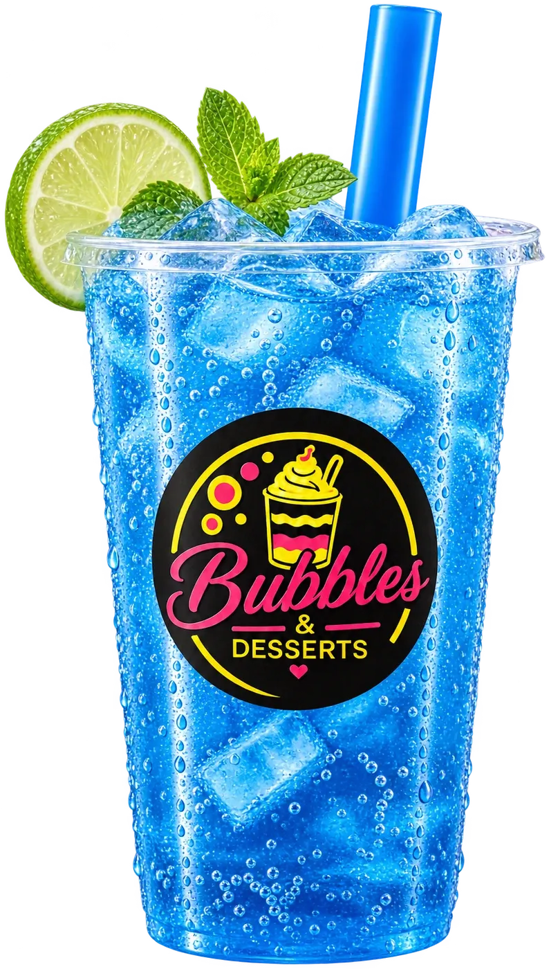 Electric-blue fizz drink with ice, lime and mint