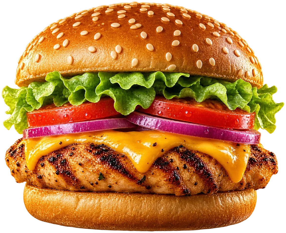 Grill burger with a grilled fillet, cheddar, tomato and red onion