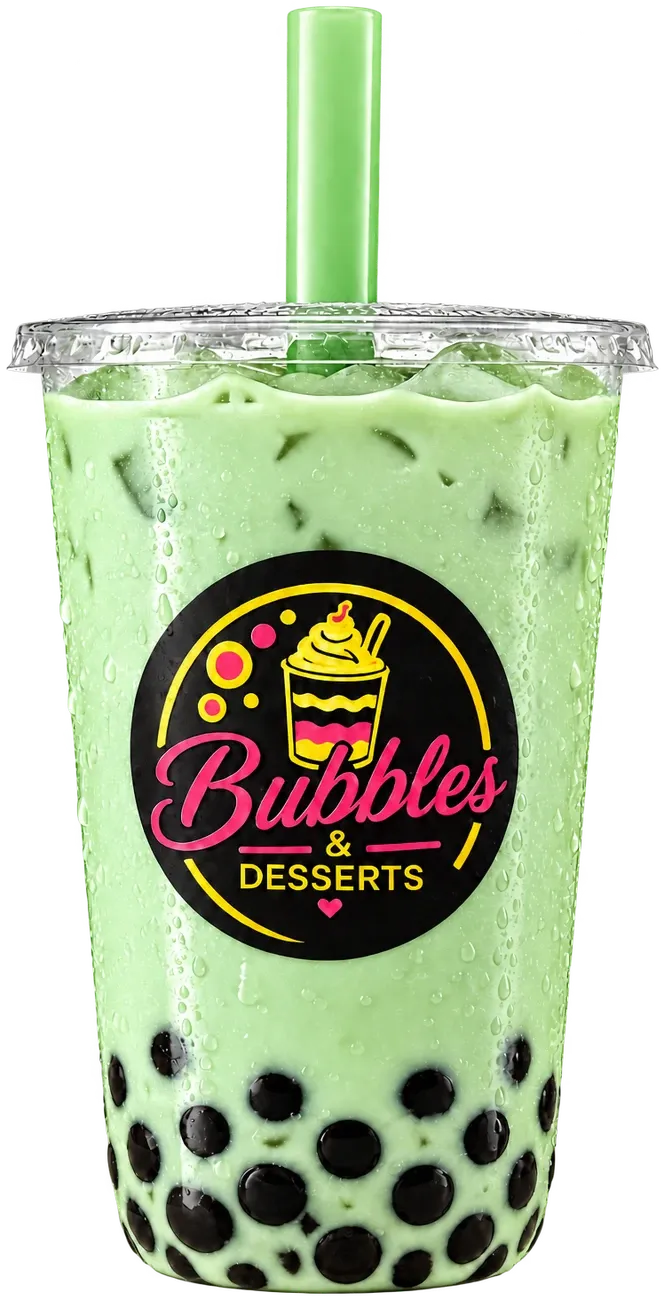 Honeydew bubble tea in a pale-green cup with tapioca pearls