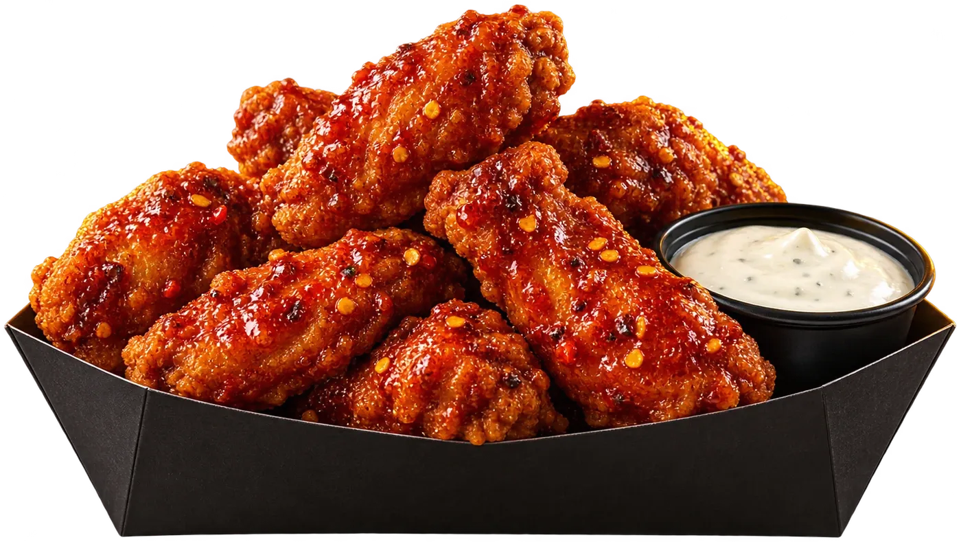 Tray of glossy hot chicken wings with dip