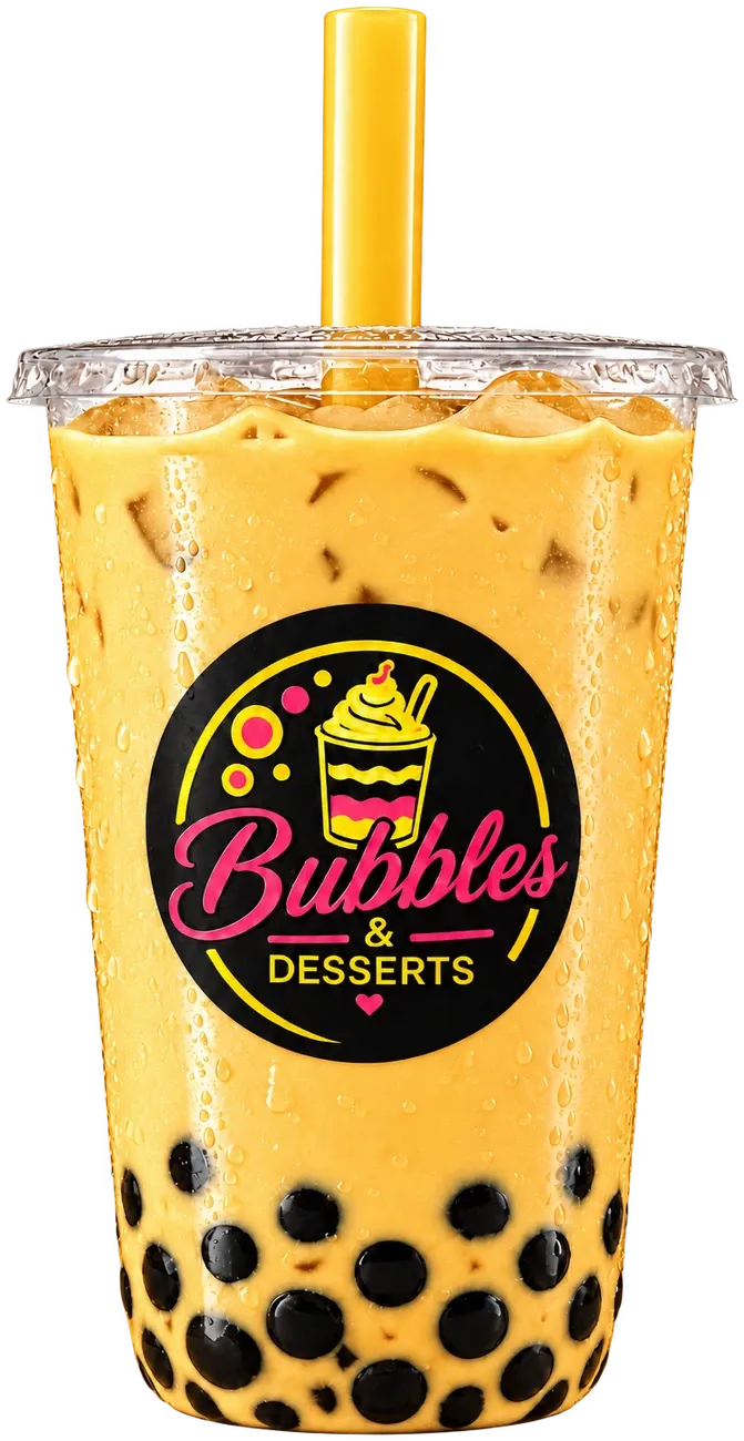 Mango bubble tea in a golden-yellow cup with tapioca pearls