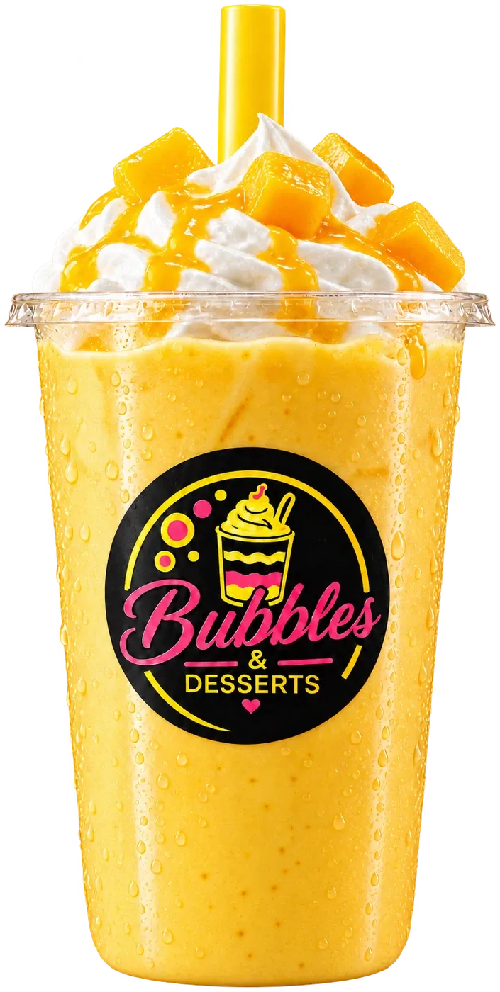 Thick mango milkshake with whipped cream and mango cubes
