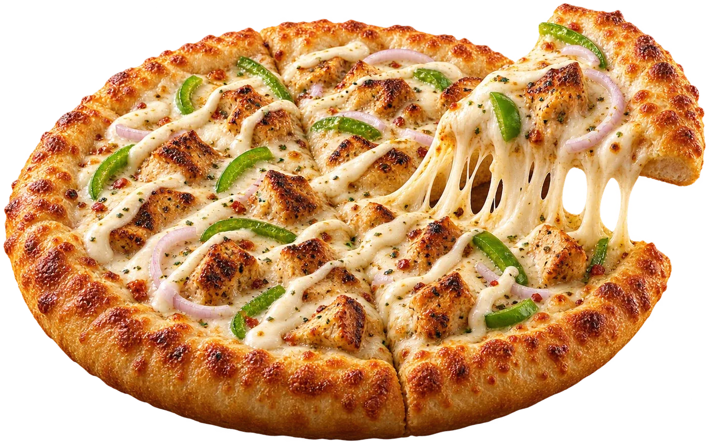 Malai botti pizza with a stretch of melted cheese