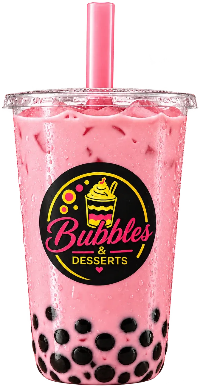 Strawberry bubble tea in a pink cup with tapioca pearls
