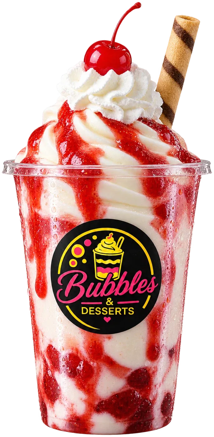 Vanilla sundae with strawberry sauce, cream and a cherry