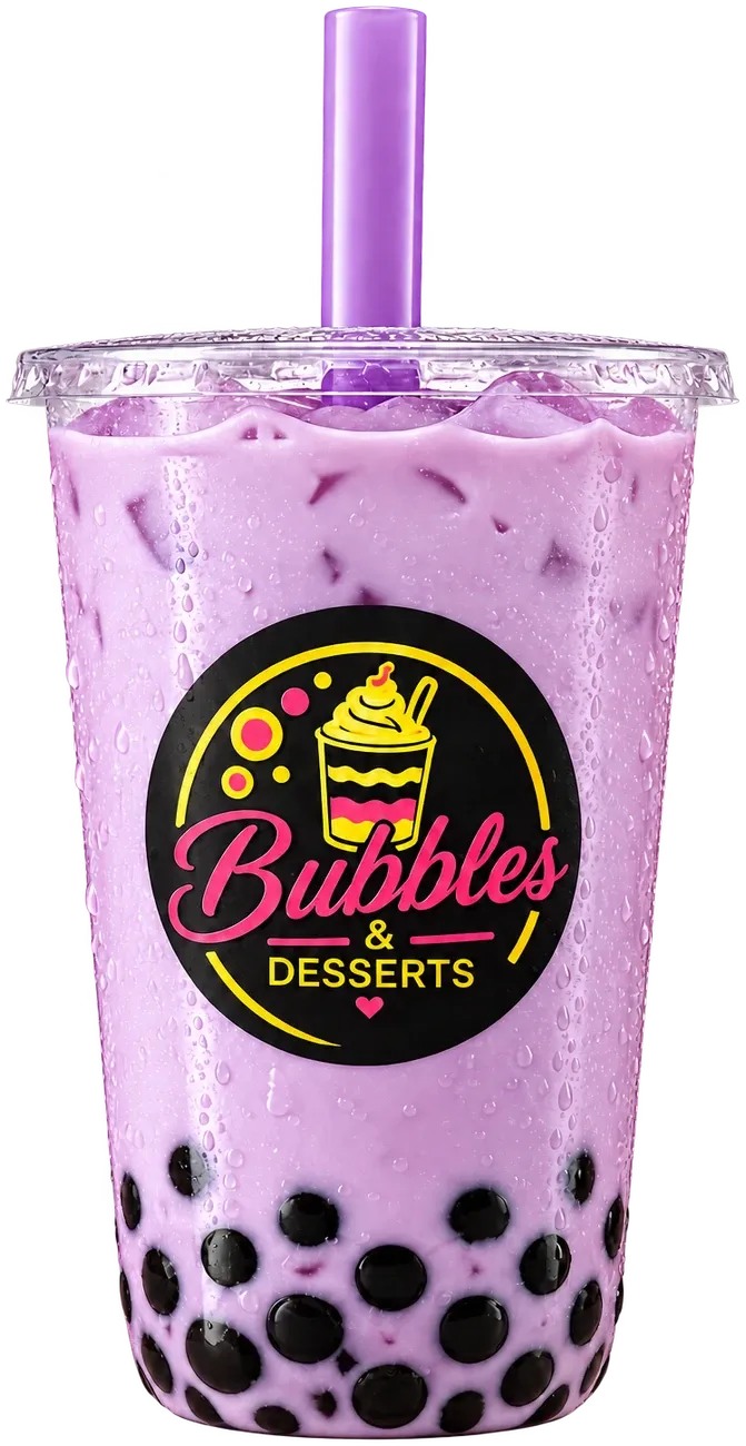 Taro bubble tea in a lavender cup with tapioca pearls