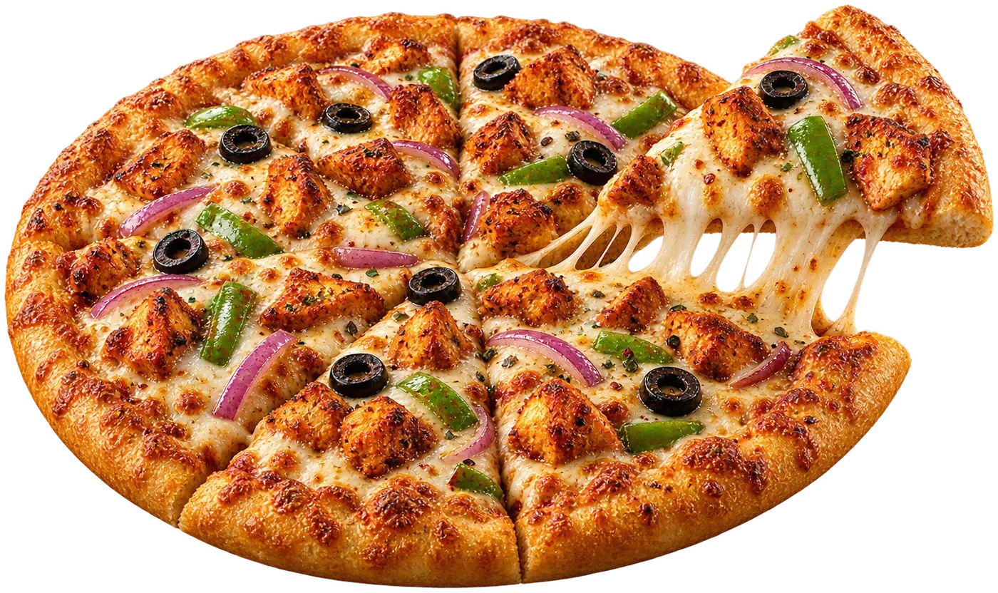 Chicken tikka pizza with a slice pulled away